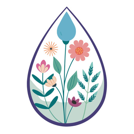 Water Drop With Flowers Icon Symbolizing Freshness, Purity, and Natural Beautyのイラスト素材