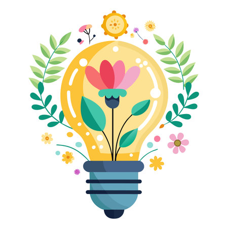 Creative Bulb with Flowers and Leaves Illustration on White Backgroundのイラスト素材
