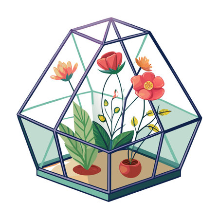 Terrarium with Flowers and Plants, Geometric Glass Container, Houseplants Illustrationのイラスト素材