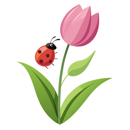 Ladybug on Pink Tulip Illustration for Spring, Nature, and Garden Designsのイラスト素材