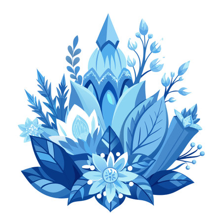 Abstract Blue Flower and Foliage Illustration on White Backgroundのイラスト素材