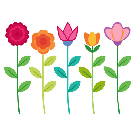 Colorful Flat Flowers: Vector Illustration of Blooming Flowers with Leaves and Stemsのイラスト素材