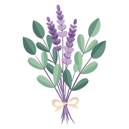 Pastel Lavender Flower Bouquet Vector Illustration with Green Leaves and Ribbonのイラスト素材