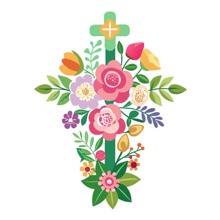 Floral Cross Illustration: Springtime, Easter, and Religious Celebration Artのイラスト素材