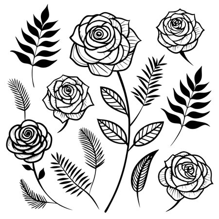 Elegant Rose and Leaf Botanical Illustrations in Black and White Sketch Styleのイラスト素材