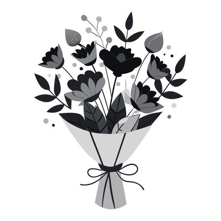 Monochrome Floral Bouquet Illustration with Flowers, Leaves, and Wrapping Paperのイラスト素材