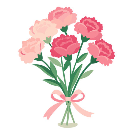 Pink Carnation Flower Bouquet Illustration with Ribbon, Festive Spring Decorationのイラスト素材