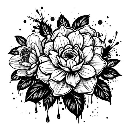 Elegant Black and White Flower Bouquet with Ink Splatter Designのイラスト素材