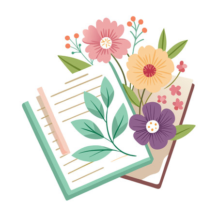 Floral illustration with notebook, flowers, berries and leaves in pastel colorsのイラスト素材