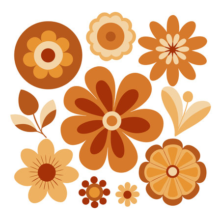 Retro Floral Design: Orange and Brown Flowers on White Backgroundのイラスト素材