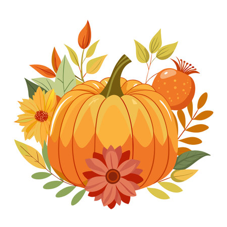 Autumnal Pumpkin with Flowers and Leaves, Fall Season Illustrationのイラスト素材