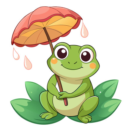 Cute Cartoon Frog with Umbrella in the Rain, Sitting on Lily Padのイラスト素材