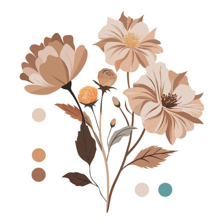 Boho Chic Floral Illustration: Elegant Beige and Brown Flower Bouquet Arrangementのイラスト素材