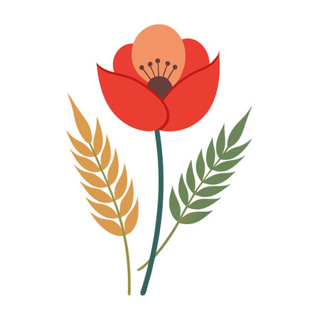 Stylized Red Flower with Wheat and Fern Illustration on White Backgroundのイラスト素材