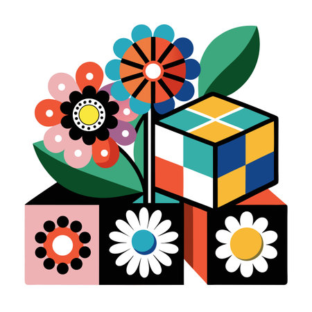 Retro Flower and Cube Illustration with Geometric Shapes in a Fun Patternのイラスト素材