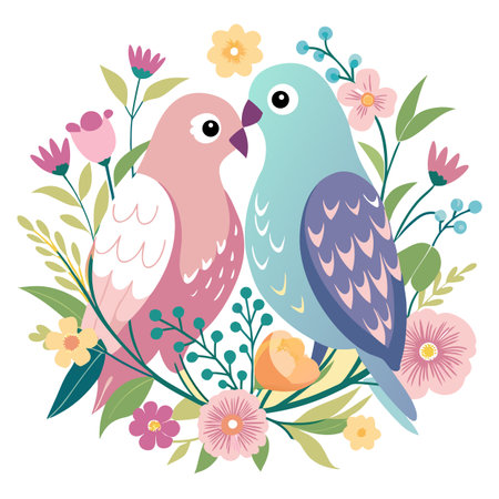 Cute Bird Couple Surrounded by Flowers Vector Illustration for Spring or Valentine'sのイラスト素材