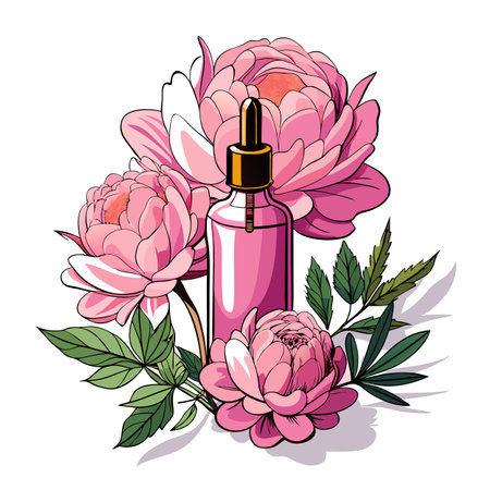 Pink Serum Bottle Surrounded by Peonies: Beauty, Wellness and Floral Still Lifeのイラスト素材