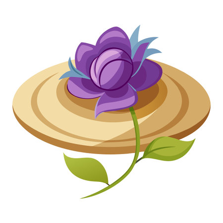 Elegant Purple Flower with Green Stem and Leaves on a Wooden Platterのイラスト素材