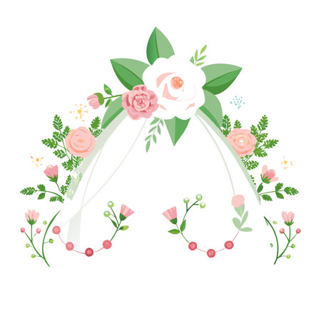 Floral Wedding Arch with Roses and Veil, Watercolor Style Illustrationのイラスト素材
