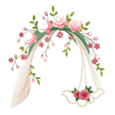 Floral Veil with Pink Roses and Delicate Accents for Wedding or Celebrationのイラスト素材