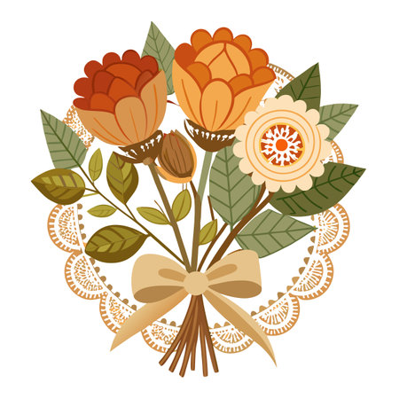 Stylized Floral Bouquet with Lace, Ribbon, and Autumn Colors Illustrationのイラスト素材