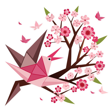 Geometric Origami Bird with Cherry Blossoms on a Branch Springtime Illustrationのイラスト素材