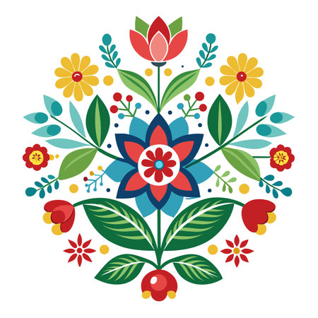 Colorful Floral Folk Art Pattern Illustration on White Backgroundのイラスト素材