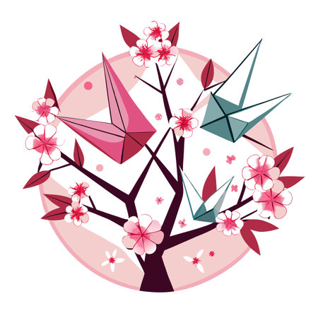 Origami Cranes and Cherry Blossoms: A Minimalist Vector Illustrationのイラスト素材