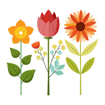 Vector Flower Illustration: Orange, Red, and Sunflower Design on White Backgroundのイラスト素材