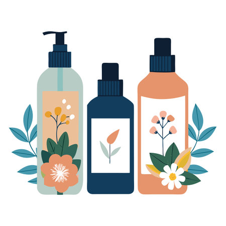Floral Inspired Organic Beauty Products: Shampoo, Conditioner, and Body Wash Illustrationのイラスト素材