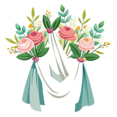 Elegant floral arrangement with roses and draping fabric, perfect for wedding decorのイラスト素材