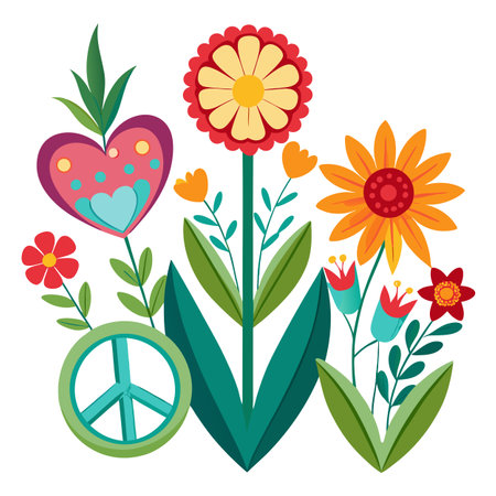 Retro Flower Power Art: Vintage Floral Design with Peace Symbol and Heartのイラスト素材