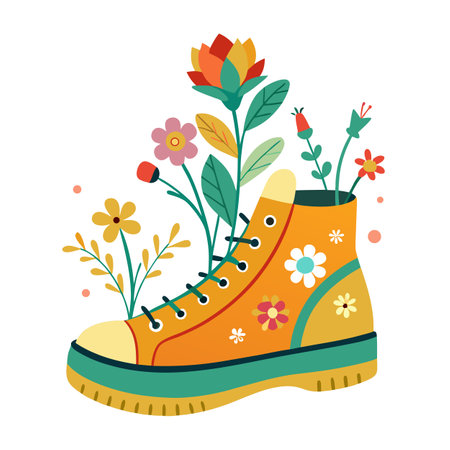Floral Growth in a Shoe: Whimsical Springtime Illustration with Vibrant Colorsのイラスト素材