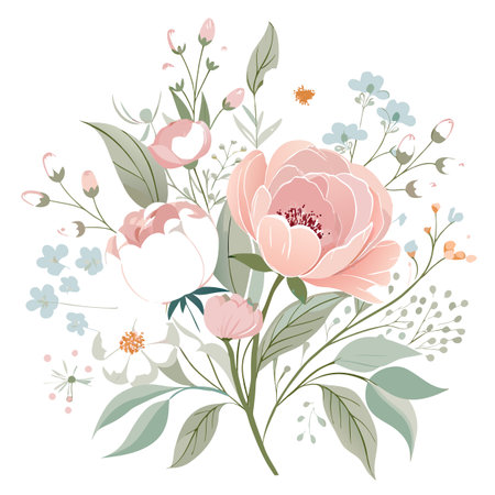 Elegant Floral Bouquet with Pink Peonies, Blue Flowers, and Green Leavesのイラスト素材