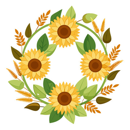 Sunflower Floral Wreath Illustration: Autumn Harvest Design with Leaves and Wheatのイラスト素材