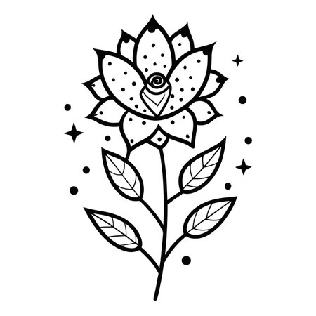 Elegant Black and White Flower Illustration with Celestial Elements and Detailed Petalsのイラスト素材