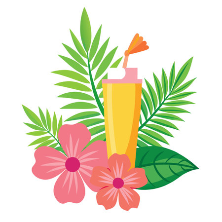 Tropical Drink Illustration: Refreshing Summer Beverage with Flowers and Palm Leavesのイラスト素材