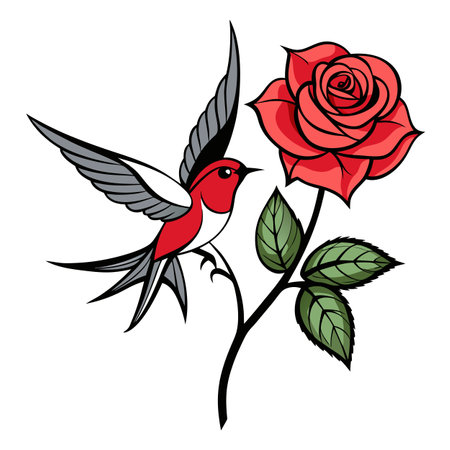 Traditional Tattoo Style: Red Swallow and Red Rose Illustration on Whiteのイラスト素材