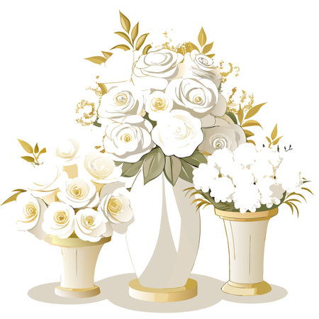 Elegant White and Gold Floral Arrangement: Roses and Accents in Vasesのイラスト素材