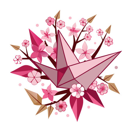 Origami Crane with Cherry Blossoms in Pink and Brown Paletteのイラスト素材