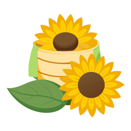 Cheerful Sunflowers in a Wooden Bucket, Autumnal Floral Arrangementのイラスト素材