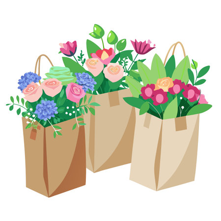 Floral Bouquets in Brown Paper Bags, Illustration of Roses and Hydrangeasのイラスト素材