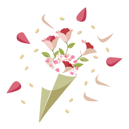 Elegant Bouquet of Roses in a Cone with Floating Petals and Seedsのイラスト素材