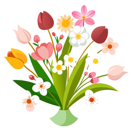 Colorful Spring Flower Bouquet Illustration in Vase, Tulips and Blossomsのイラスト素材