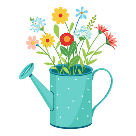 Colorful Flowers in a Blue Watering Can: Vector Illustration for Springのイラスト素材