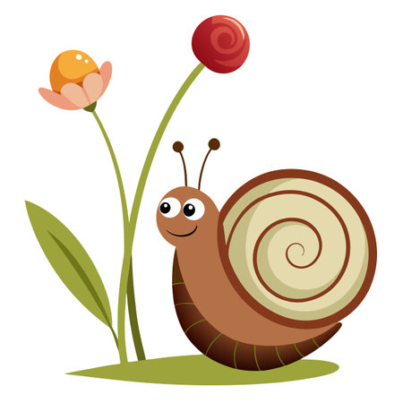 Cute Cartoon Snail with Flowers, Nature Scene, Vector Illustration for Kidsのイラスト素材