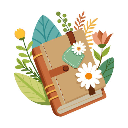 Vintage Journal Illustration with Flowers and Leaves, Romantic Diary Artworkのイラスト素材