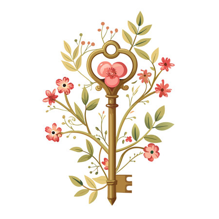 Floral Key Vector Art: Antique Golden Key with Flowers and Leavesのイラスト素材