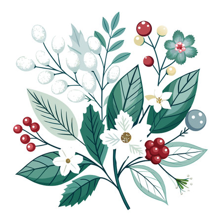 Winter Floral Bouquet with Berries, Leaves, and Flowers Illustrationのイラスト素材