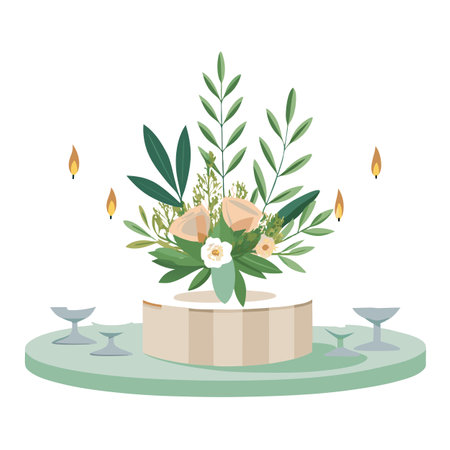 Elegant floral centerpiece with candles, glassware, and muted green table settingのイラスト素材
